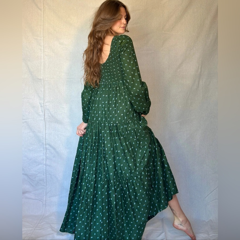 70s Vintage Green Micro Floral Prairie Cottagecore Tiered Maxi Dress